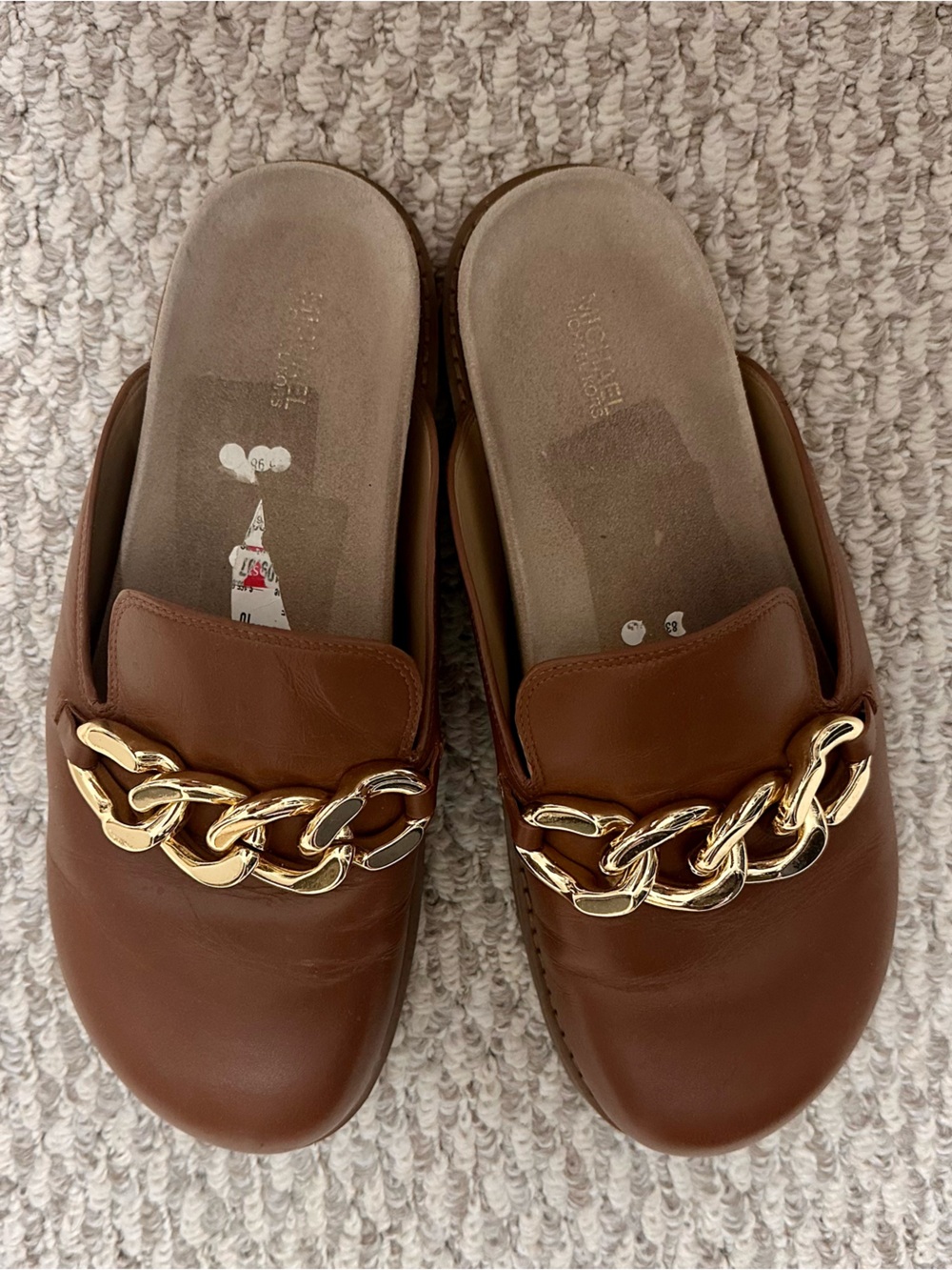Michael Kors Tan Leather Chain-Trim Mule Slides